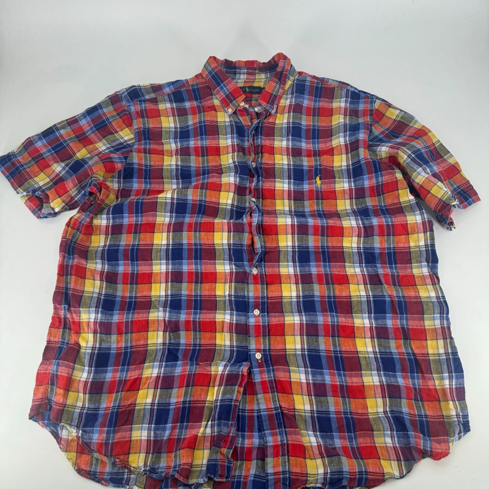 Polo Ralph Lauren Mens 2XLT Tall Plaid Short Sleeve 100% Linen Button Down Shirt